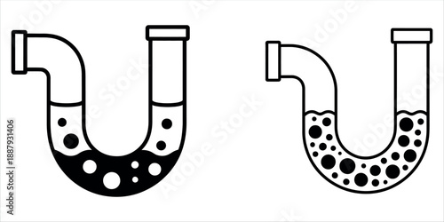 Illustrative depiction of a plumbing p-trap with water and debris, essential for household drainage vector.