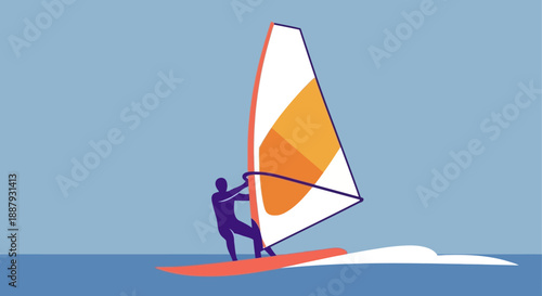 Man windsurfing on a calm sea with a clear blue sky.