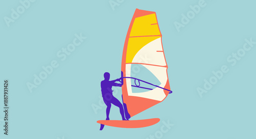 Man windsurfing on a board with a colorful sail.