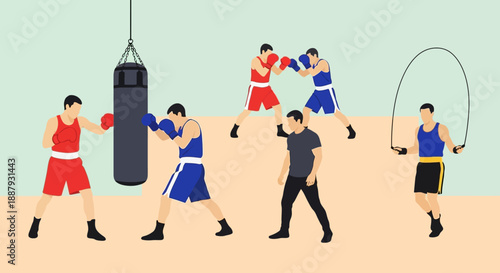 Boxers training with punching bag and skipping rope in gym.