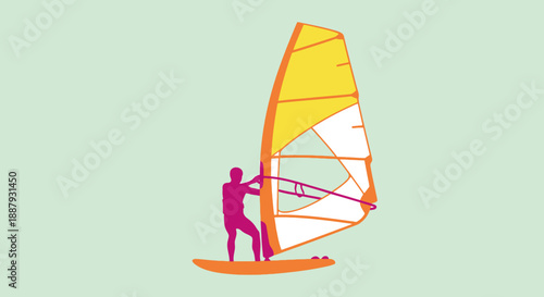 Windsurfer silhouette against a pastel background with vibrant sail.
