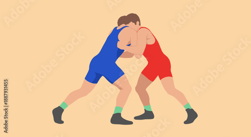 Two wrestlers in blue and red singlets competing against each other.