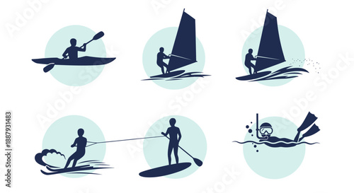Water Sports Silhouettes on White Background.