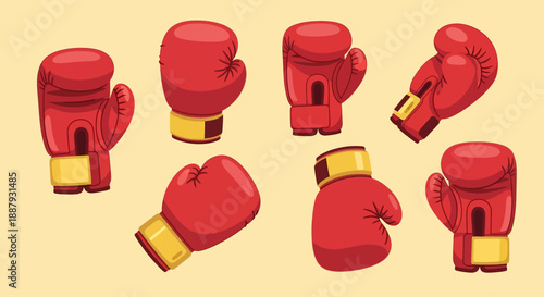 Collection of red boxing gloves in various orientations on a pale yellow background.