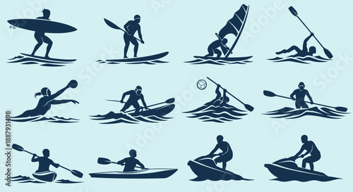 Collection of Water Sports Silhouettes Featuring Various Activities.