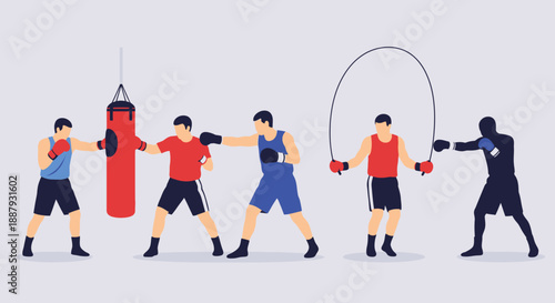 Boxers training with punching bag and jump rope.