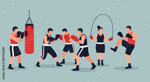 Boxers training with punching bag and jump rope.