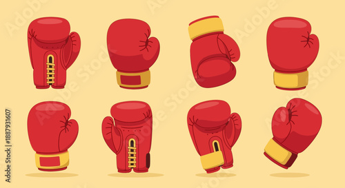 Collection of red boxing gloves in various orientations on a yellow background.