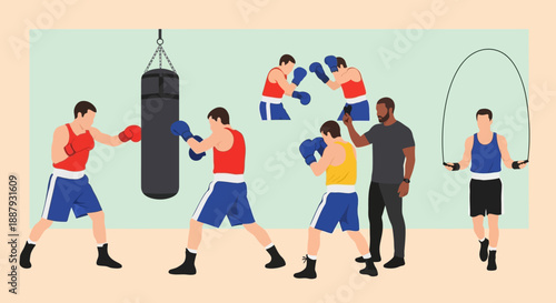 Boxing training session with coach and various exercises.