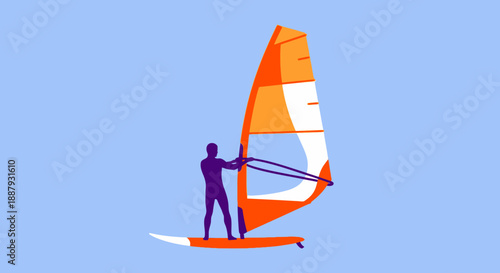 Windsurfer Riding the Waves with Orange Sail.