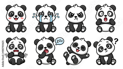 Cute panda cartoon character set showing different emotions and facial expressions including happy, sad, angry, surprised, scared, sleeping, playful, and confused.