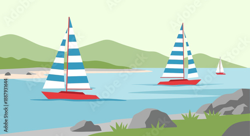 Sailboats on serene lake with mountains in the background.