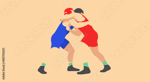 Two wrestlers in red and blue outfits competing in a match.