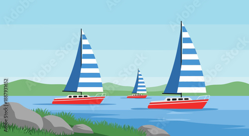 Sailboats on serene lake with blue striped sails and red hulls.