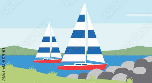 Sailboats on a serene lake with blue striped sails.