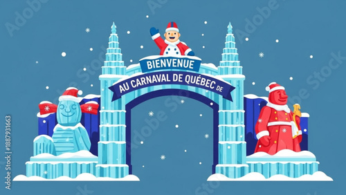 Vibrant ice archway with santa claus and snowflakes at quebec winter carnival