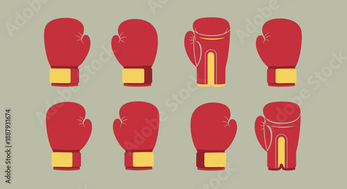 Eight red boxing gloves arranged in two rows on a gray background.