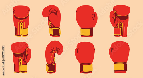 Collection of red boxing gloves in various orientations on a peach background.