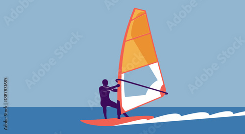 Person windsurfing on a calm sea with a vibrant orange sail.