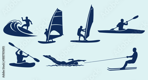 Various Water Sports Silhouettes on Light Blue Background.
