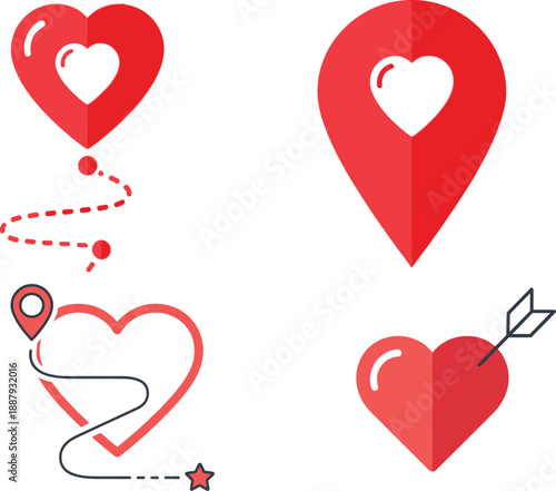Set of four red heart icons, including map markers and a heart with an arrow, symbolizing love and location
