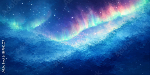 A deep blue abstract space background features a bright fantasy nebula and glowing stars scattered across the dark cosmos of a vast night sky universe