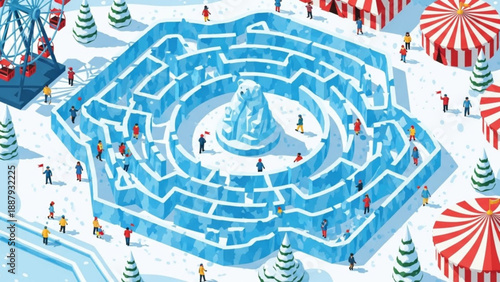 Winter wonderland ice maze with people and christmas trees in snowy landscape at night