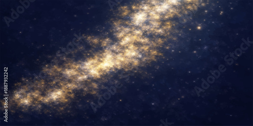 An abstract dark night sky background features a deep blue galaxy nebula with bright stars and glowing cosmic clouds across the starry universe