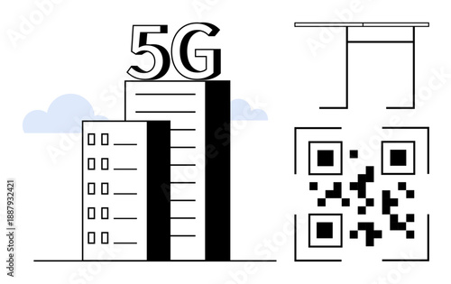 Wireless communication, urban technology, smart cities, internet connectivity, data exchange, futuristic design. Modern building with 5G text and QR code illustration. Wireless communication