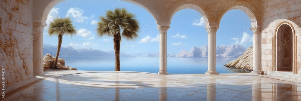 Fototapeta premium Ancient Roman-style balcony overlooking a serene blue sea with distant mountains and palm trees