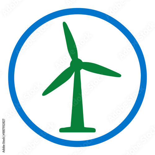 Wind Energy Sustainability Icon with Turbine Symbol and Circular Blue Frame in Flat Vector Style for Renewable Power Projects