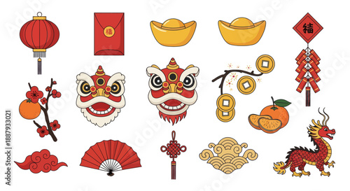 Bild auf Leinwand Chinese New Year Icons: Dragon, Lantern, Lion Dance, Red Envelope, Fortune