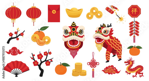 Chinese New Year Icons: Lanterns, Dragon Dance, Oranges, Firecrackers, Red Envelope