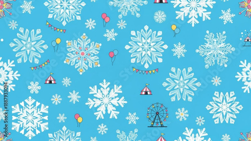 Winter festival background with snowflakes and carnival rides on blue