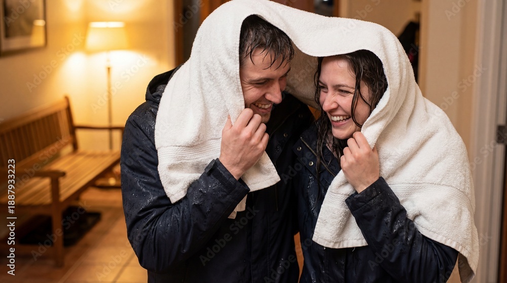 Fototapeta premium A tender moment of togetherness unfolds as a couple share a towel, their faces illuminated by warm light and filled with smiles, creating an intimate snapshot of their bond.
