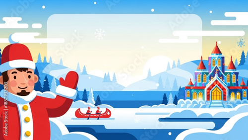 Smiling santa claus waving in front of snowy village with castle and sleigh