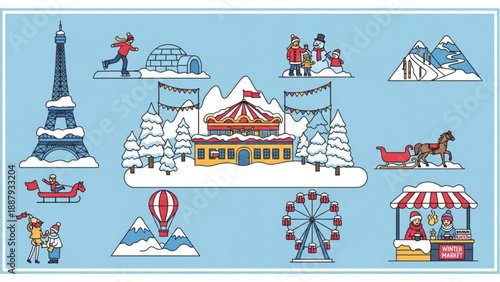Winter wonderland scene with eiffel tower snowy mountains and festive attractions