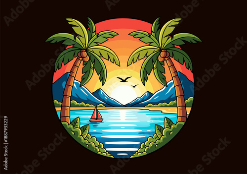 Beautiful vector illustration of a tropical island paradise at sunset with palm trees and a sailboat on the water, vibrant colors
