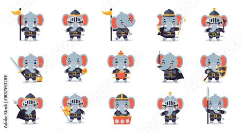 Cartoon Elephant Knights in Armor Set of Characters