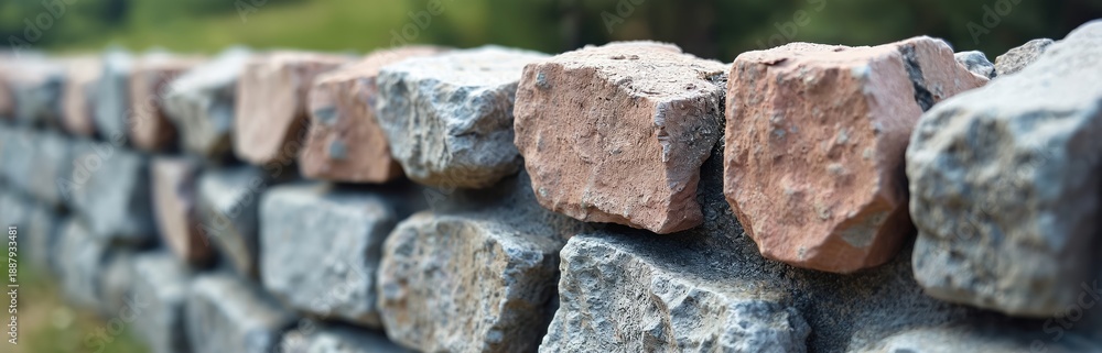 Fototapeta premium Old stone wall with varied rocks. Rough texture, natural material forms a boundary. Weathered blocks show age. Outdoor garden or rural path border.