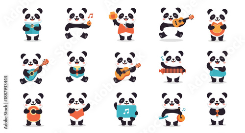 Set of Cartoon Panda Bears Playing Musical Instruments