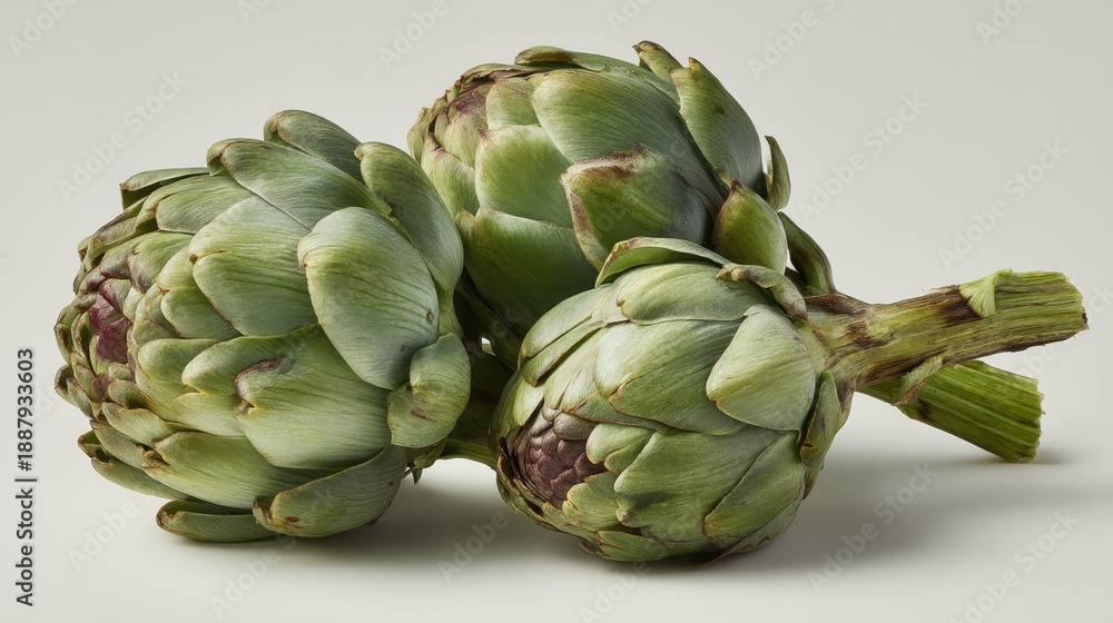 Fototapeta premium Fresh green artichokes in a cluster on light background.