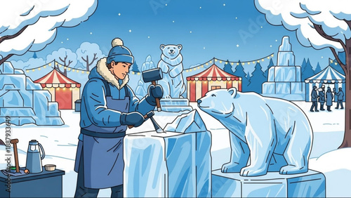 Ice sculptor carving polar bear statue at winter festival with snow and tents