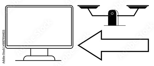 Digital ethics, decision-making, technology balance, online behavior, direction, data management. Minimalist image shows a monitor, arrow and balance scale. Digital ethics and decision-making theme