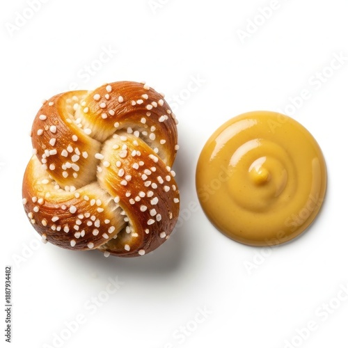 Golden brown pretzel knot sprinkled with coarse salt, served with swirl of mustard dip on white background, baked goods, snack, delicious, salty, savory