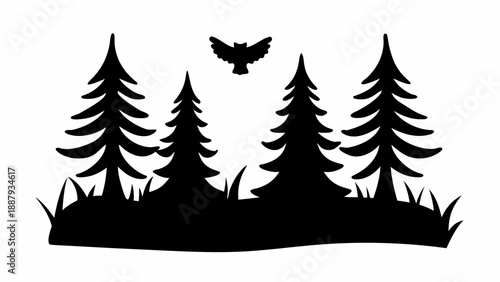 Serene forest landscape with soaring bird in silhouette