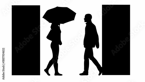 Silhouettes of couple walking in opposite directions on rainy day