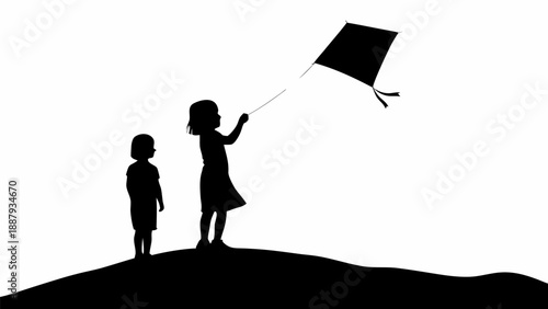 Children playing with kite on hill enjoying sunny day