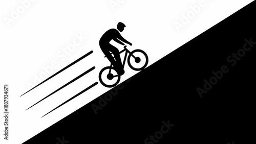 Cyclist riding fast down steep hill with motion lines