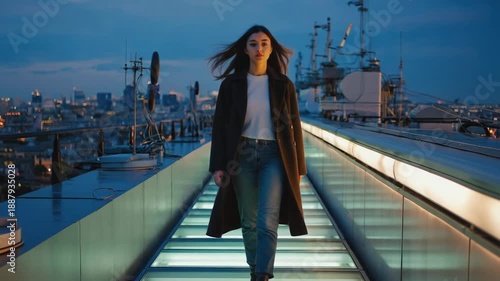 Cinematic video of woman walking confidently on illuminated rooftop path at blue hour with glowing city skyline